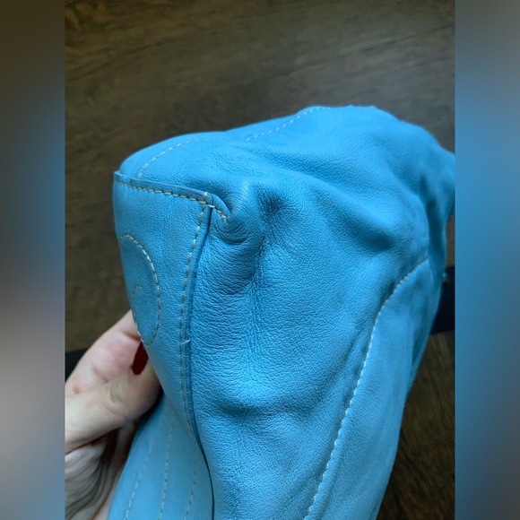 Vintage BRIGHTON Blue Smooth Leather Heart Stitched Small Tote Purse Romantic - Picture 13 of 16